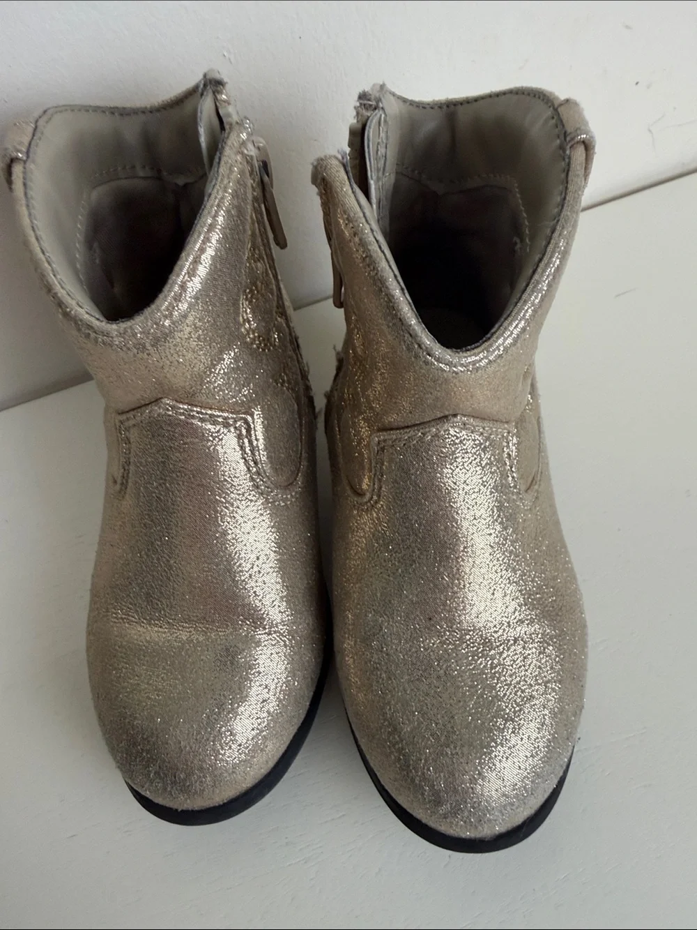 (2288) Cat & Jack Girls Metallic Gold Glitter Ankle Cowboy Boots, Size: 8